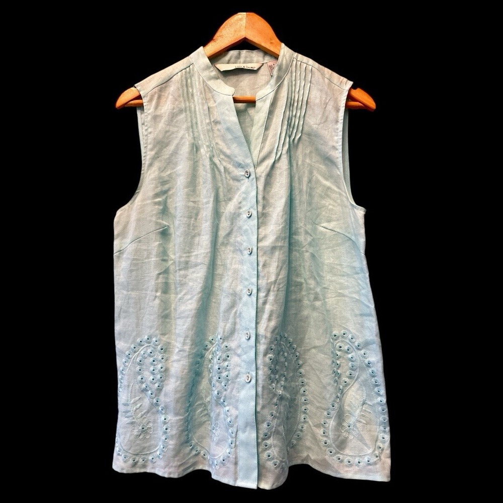 Lucy & Laurel Womens Light Blue 100% Linen Eyelet Paisley Sleeveless Blouse L